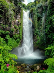 Lush waterfall cascading into a tranquil pool, vibrant jungle surrounds
