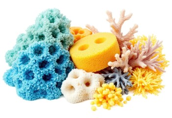 Colorful sponge & coral-like objects piled