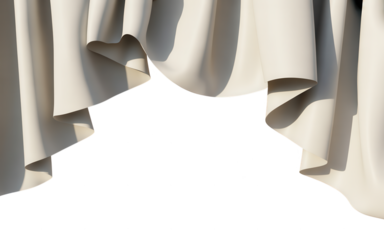 Abstract silhouette of a person or object against a backdrop of flowing white fabric curtains