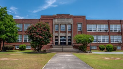 Traditional brick academic building facade stands prominently under a clear bright sky