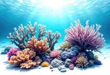Vibrant coral reef scene underwater. Sunlight illuminates colorful corals