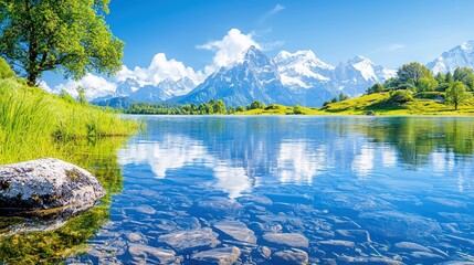 A beautiful landscape featuring a lake reflecting snow-capped mountains and a bright blue sky. The scene is peaceful and serene.