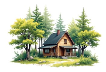 Small wooden cabin in a lush forest