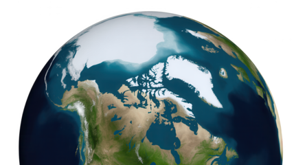 View of the arctic region from space showing ice caps oceans and landmasses with a dark background