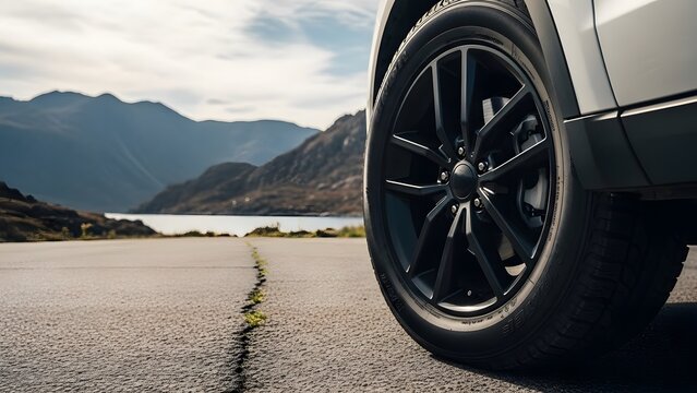Low angle shot of black car wheel on asphalt road with scenic mountain and lake background for travel - Powered by Adobe