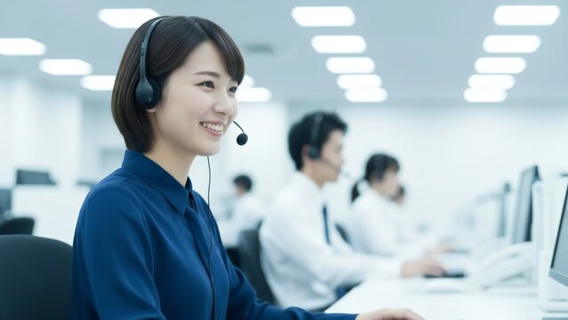 A smiling young Asian woman in a headset and blue shirt works at a computer in a modern office with colleagues in the background