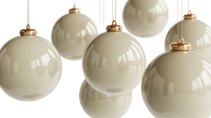 Elegant cream colored oval christmas ornaments with gold caps hanging against a dark background