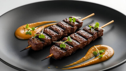 Grilled meat skewers with sauce A delicious culinary experience on a black plate