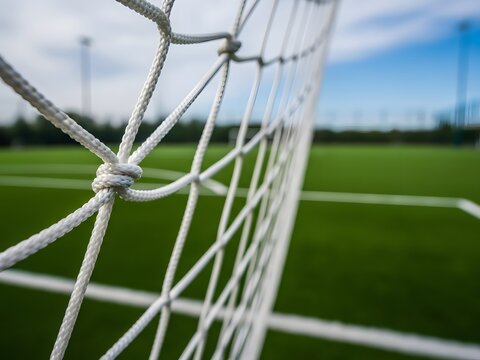 Close-up detail of white soccer goal net texture against green grass field and blue sky background
