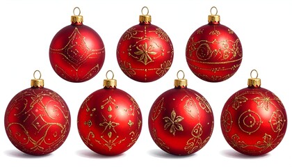 Seven red Christmas ornaments with gold decorative designs