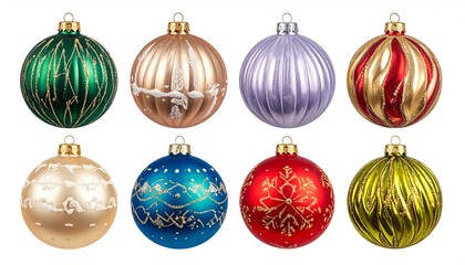 Eight colorful, ornate Christmas ornaments on white background, various designs