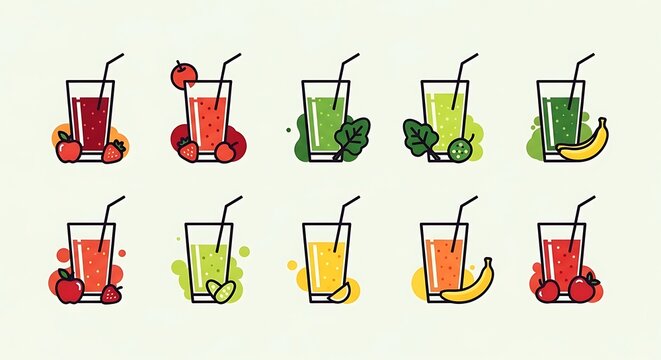 Colorful Smoothie Drinks Collection with Various Fruits and Vegetables.