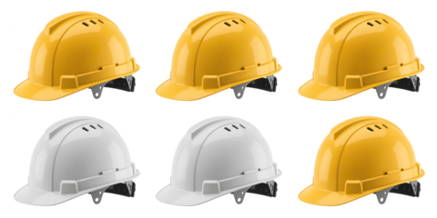 Collection of six yellow and white safety hard hats arranged in two rows on a black background