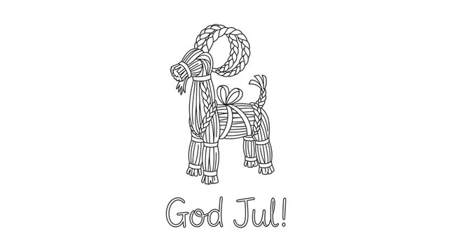 Minimalist Swedish Yule goat line-art with God Jul text, white background