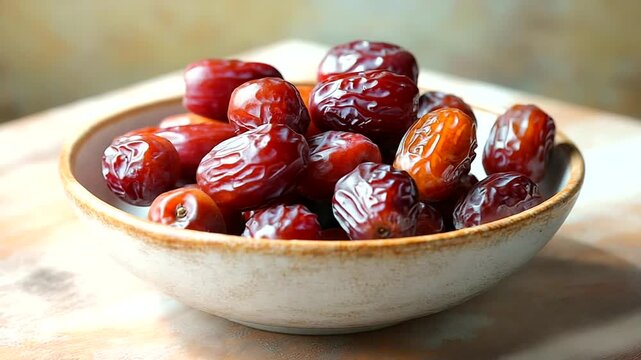 A close-up view of fresh, glossy dates in a bowl on a rustic surface
