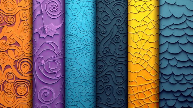 A collection of colorful abstract rolled paper textures with unique patterns and shadows. The textures are in various colors and designs.