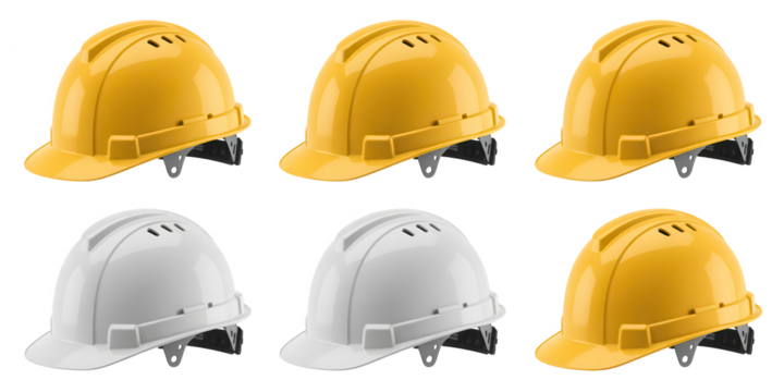 Collection of six yellow and white safety hard hats arranged in two rows on a black background