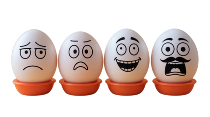 Four cartoon eggs with different facial expressions lined up in egg cups against a black background
