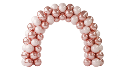 Elegant rose gold and white balloon archway for celebrations and events against a black background