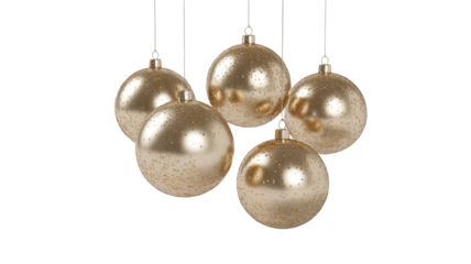 Five elegant golden christmas ornaments hanging and reflecting light against a dark black background