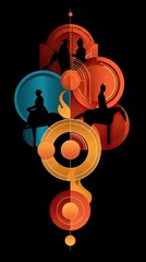 An abstract illustration featuring silhouetted riders on horses within a colorful, geometric composition against a black background.