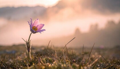 A single purple flower stands tall in a grassy field, illuminated by the warm light of sunrise, with a misty mountain backdrop.