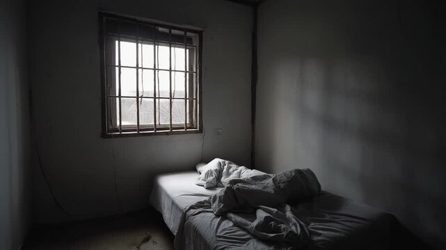 Barred window casts gloom over unmade bed