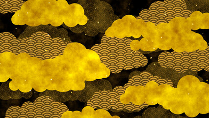 Luxurious Japanese-Style Wallpaper with Golden Cloud Motifs on Black Background