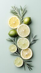Overhead shot of sliced lemons and limes arranged with fresh herbs on a light green background. The composition is clean and modern, with a focus on fresh ingre