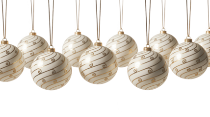 Elegant white easter eggs with delicate swirling silver patterns hanging against a dark background