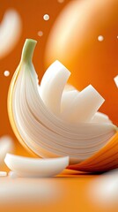 Close-up of a sliced onion with white pieces and an orange background. The image has a clean and modern aesthetic, with a focus on food and culinary themes.