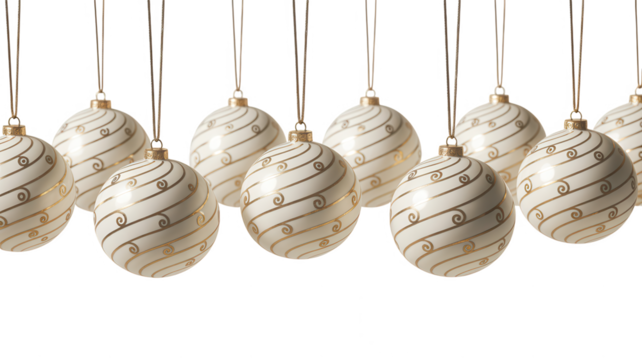 Elegant white easter eggs with delicate swirling silver patterns hanging against a dark background - Powered by Adobe