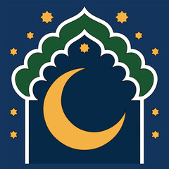 Islamic arch with crescent moon and stars Ramadan vector design.