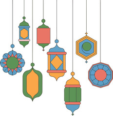 Colorful Islamic geometric lanterns and ornaments hanging vector design.