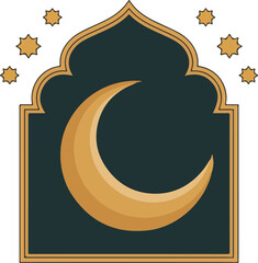 Golden crescent moon with stars inside Islamic arch vector design.