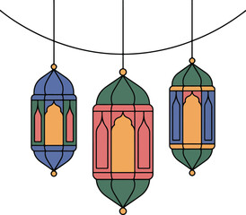 Colorful Islamic lanterns hanging in a Ramadan decoration vector.