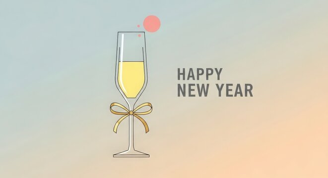 A champagne glass with a bow and happy new year text on a gradient background with a pink bubble - Powered by Adobe