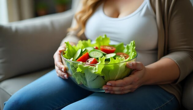 Fat woman eating healthy food. Cropped shot of chubby plump overweight girl sitting on couch holding glass bowl of fresh vegetable salad. Healthy diet and weight loss, created with generative ai