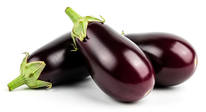 Three fresh eggplants with green stems on a white surface close up view