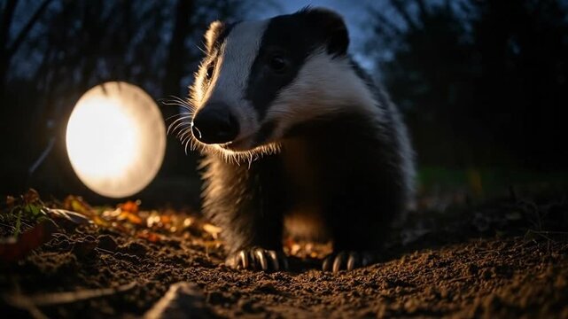 Nocturnal Encounters: A Badger's Foray into the Illuminated Forest Floor, showcasing wild beauty