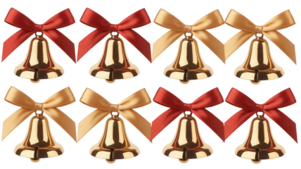 Eight golden christmas bells with red and gold ribbons arranged in two rows on a black background