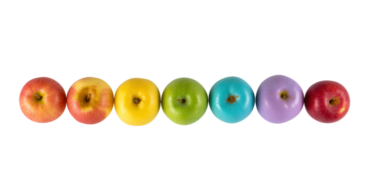 Colorful oval shaped fruit arranged in a rainbow spectrum against a stark black background