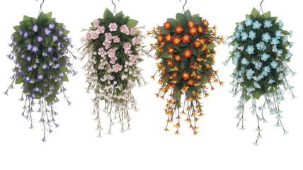 Four hanging baskets of cascading artificial flowers with small led lights in various colors against a black background
