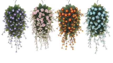 Four hanging baskets of cascading artificial flowers with small led lights in various colors against a black background