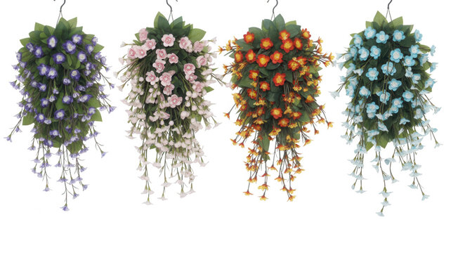 Four hanging baskets of cascading artificial flowers with small led lights in various colors against a black background