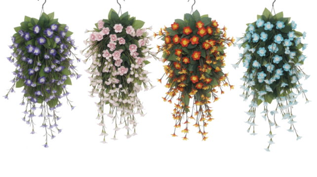 Four hanging baskets of cascading artificial flowers with small led lights in various colors against a black background