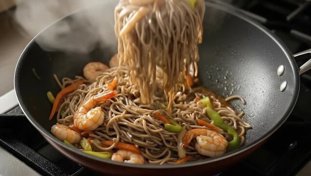 Chef stir fries shrimp soba noodles with vegetables in a steaming wok.