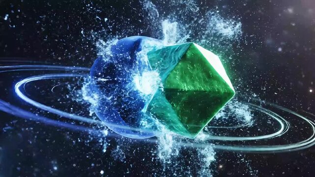 Dynamic blue gas planet and green crystal octahedron colliding in deep space with glowing rings for cosmic fusion concept and future technology