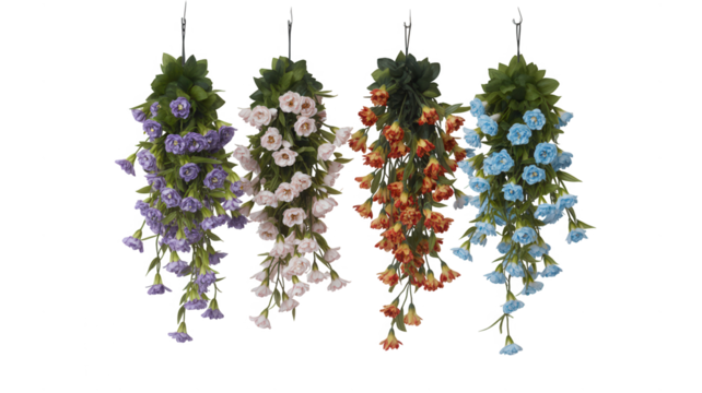 Four hanging baskets of artificial cascading flowers in various pastel colors against a black background
