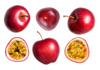 studio photograph featuring a collection of ripe red apples and halved passion fruits isolated against a dark background.